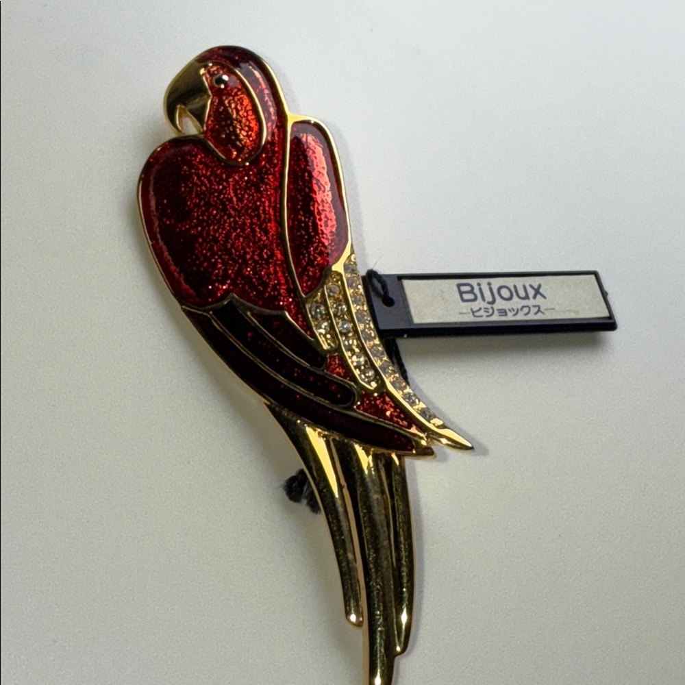 Bijoux Vibrant Red Gold Parrot Pin rhinestone detailing large statement brooch - Picture 14 of 15